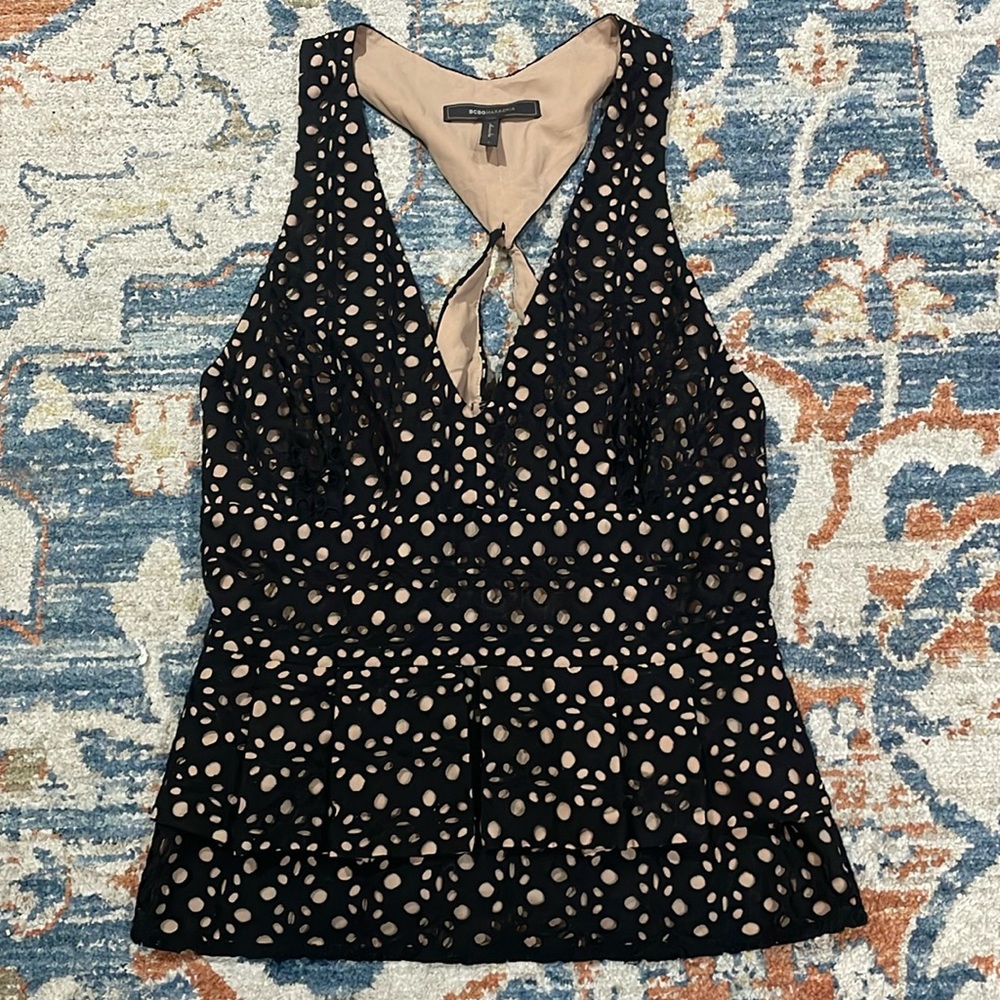 BCBG Large Vintage top, sleeveless, v-neck, black lace overlay, nude under